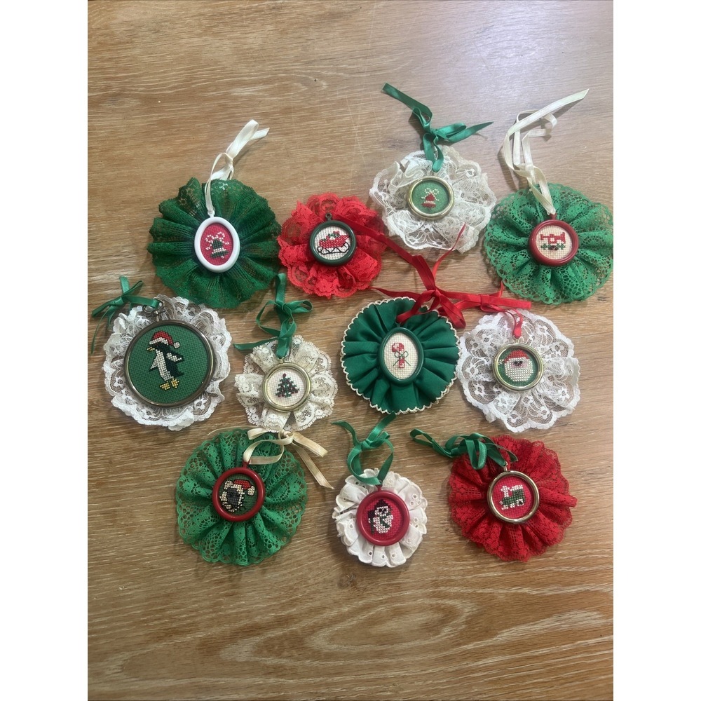 Lot of 11 Vintage Handmade Cross Stitch  Christmas Ornaments Assorted Lace